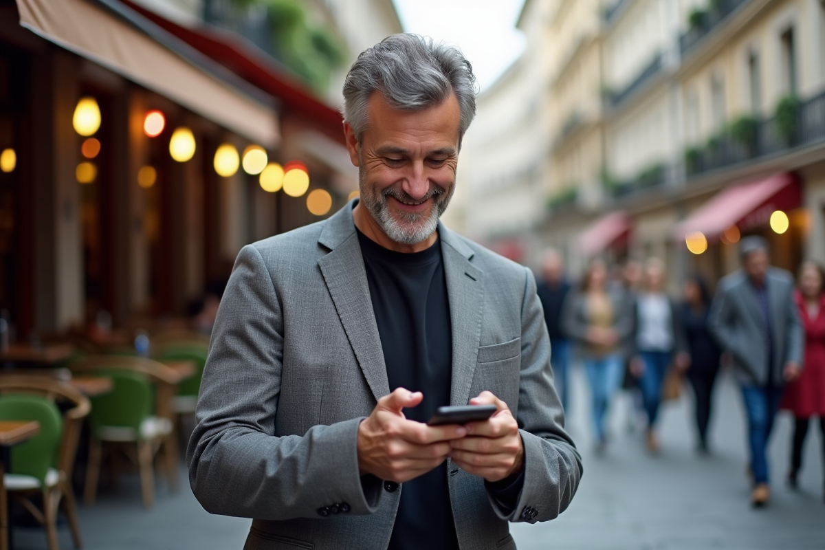 Homme d age moyen regardant une publicité digitale en extérieur