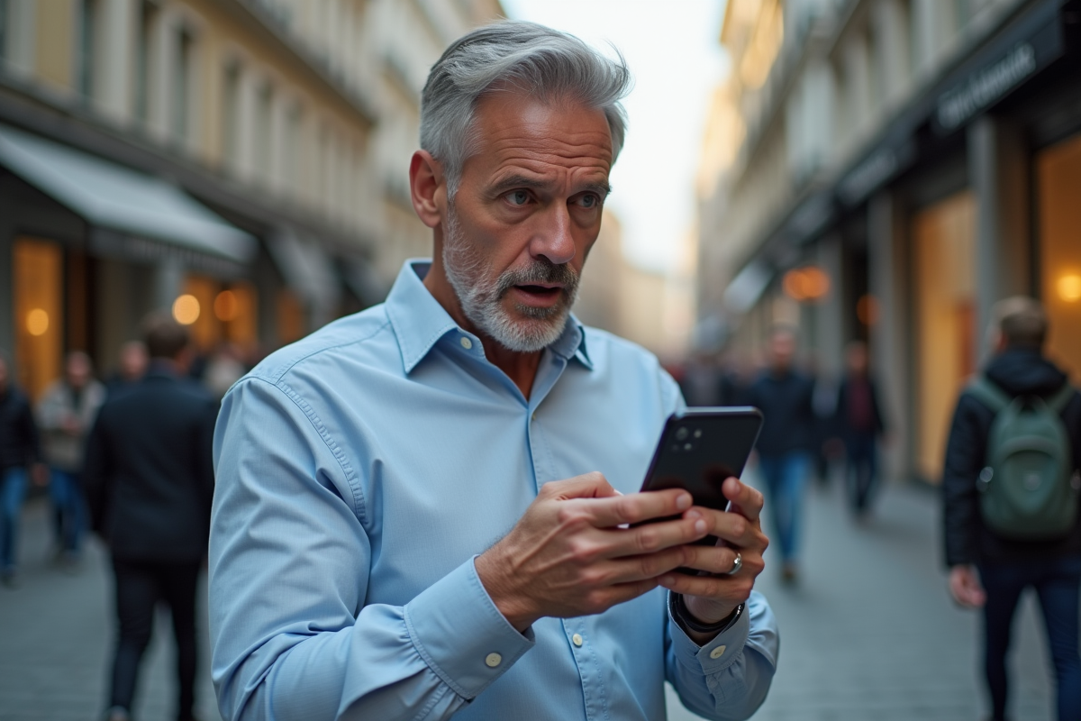 Homme surpris regardant une vidéo Facebook sur son téléphone