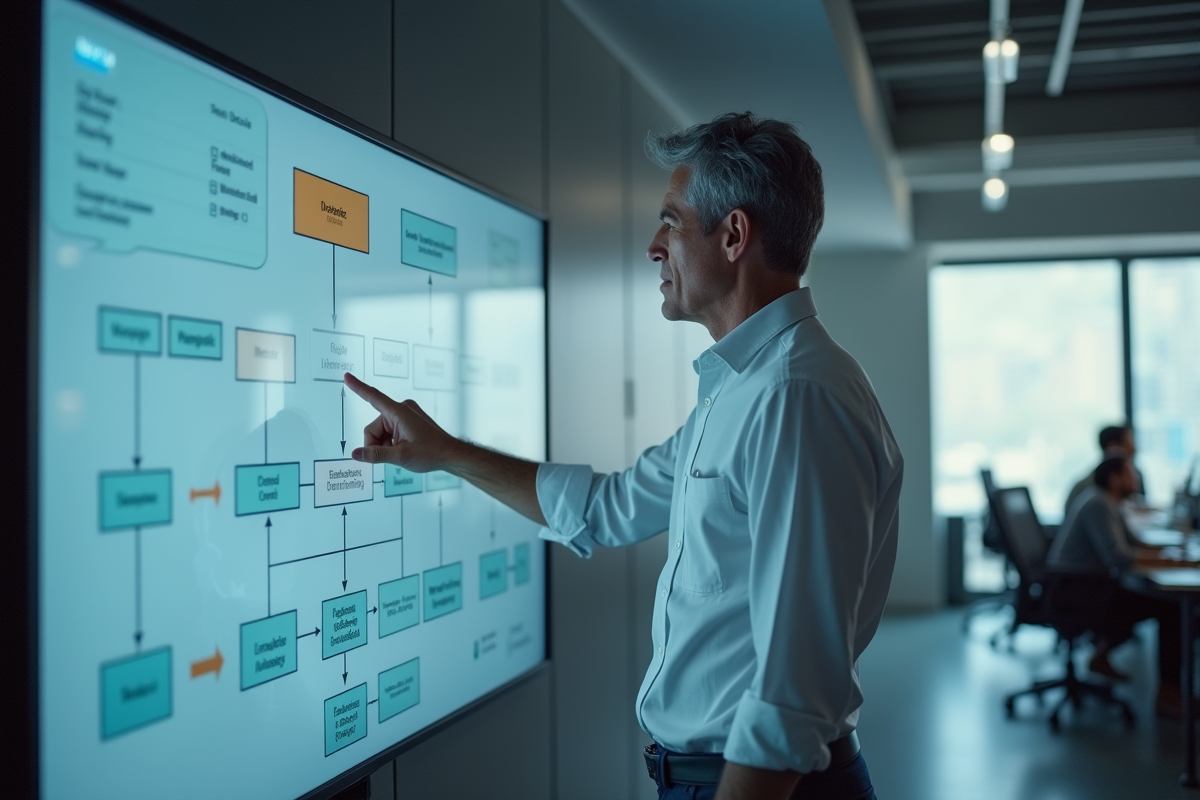 Homme analysant un schéma numérique dans un bureau moderne
