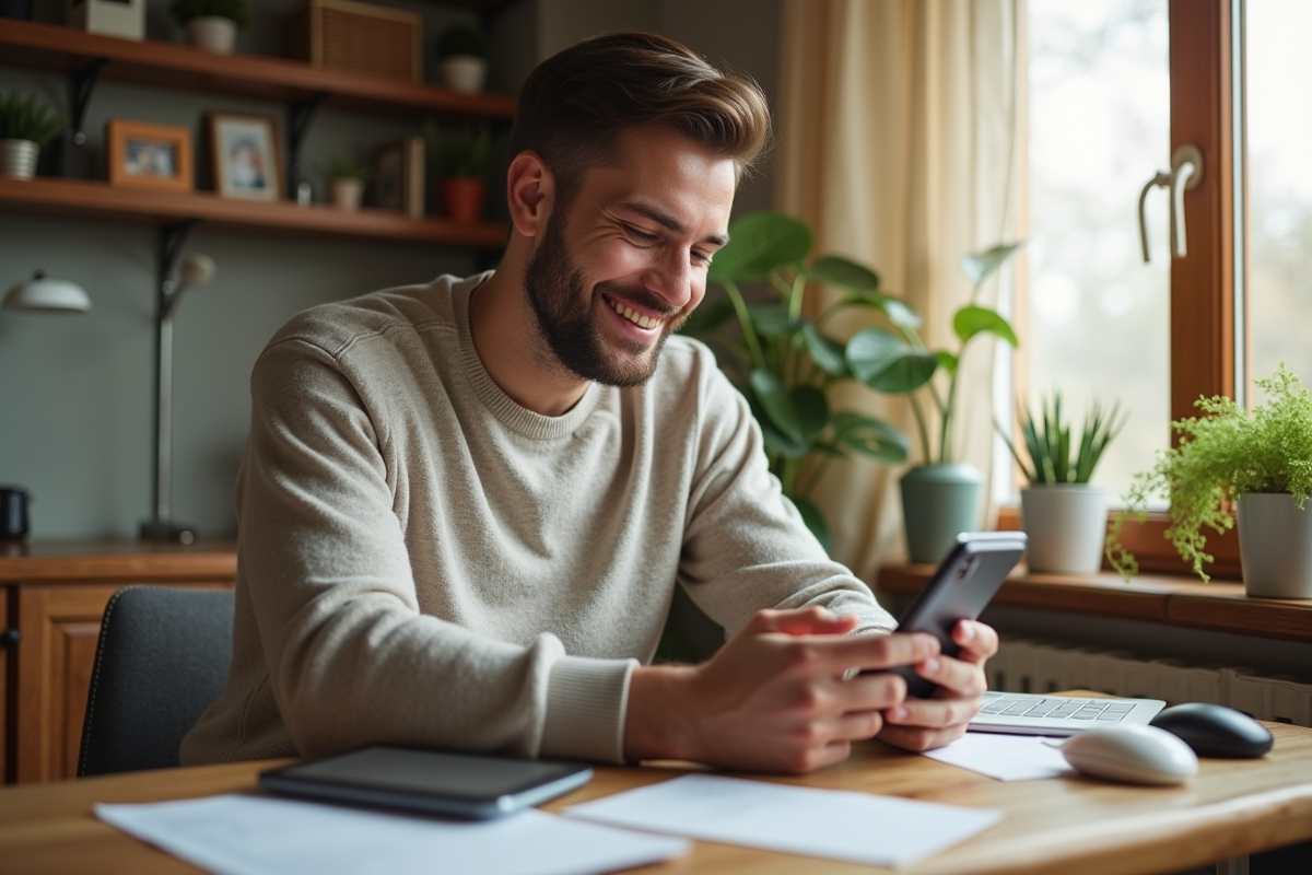 Homme détendu vérifiant sa réputation sur smartphone