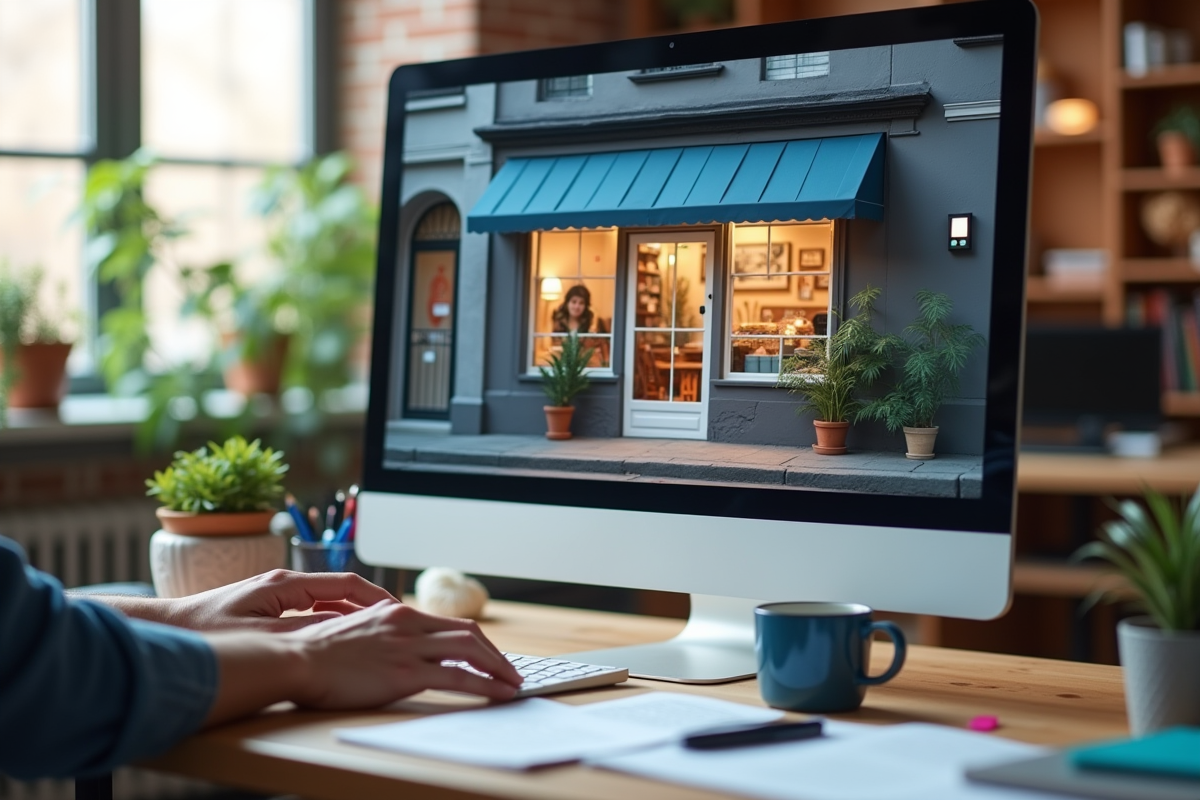 Vitrine virtuelle affichée sur un écran avec clavier et accessoires de bureau