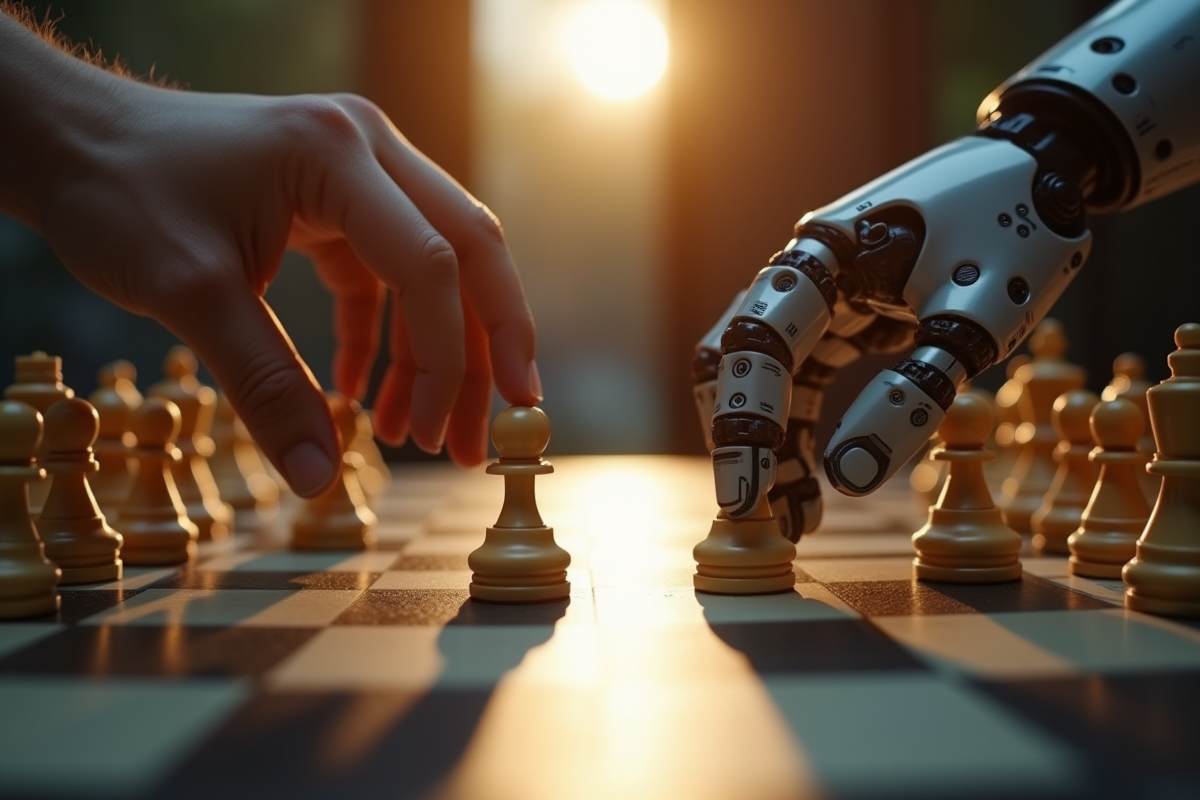 Une main humaine hésite à déplacer une pièce face à une main robotique sur un échiquier