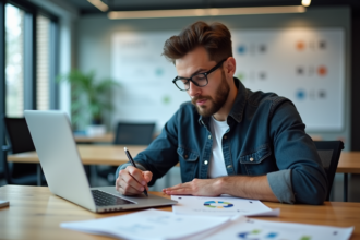 Jeune développeur concentré sur son ordinateur dans un bureau moderne