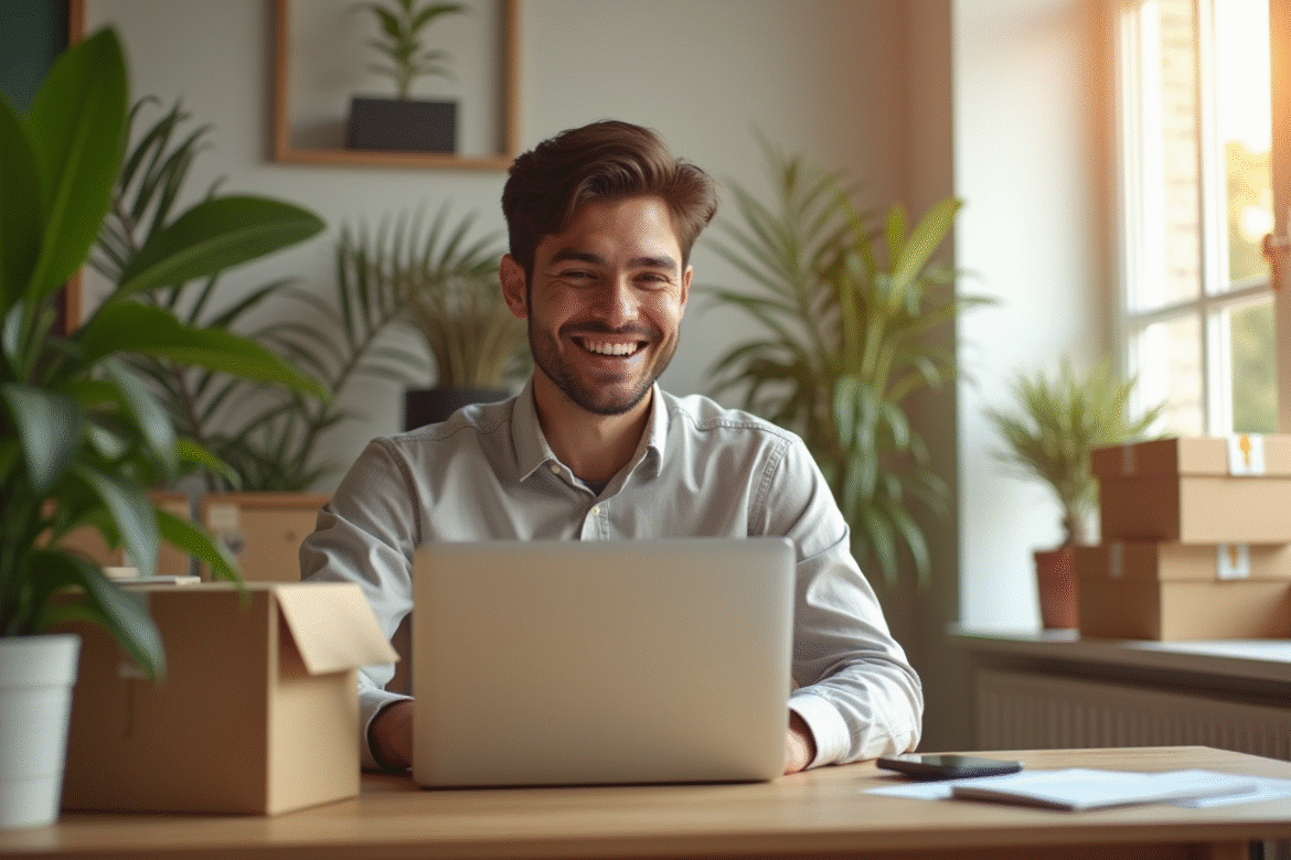 Jeune entrepreneur souriant dans un bureau moderne avec ordinateur et colis