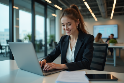 Jeune femme professionnelle interagissant avec un chatbot sur son ordinateur