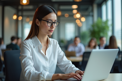Jeune femme au bureau utilisant un ordinateur portable