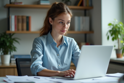Jeune femme concentrée travaillant sur un ordinateur au bureau