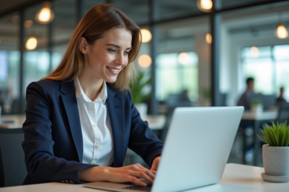 Jeune femme professionnelle travaillant sur son ordinateur dans un bureau moderne