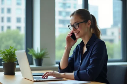 Jeune femme professionnelle parlant au smartphone dans un bureau lumineux