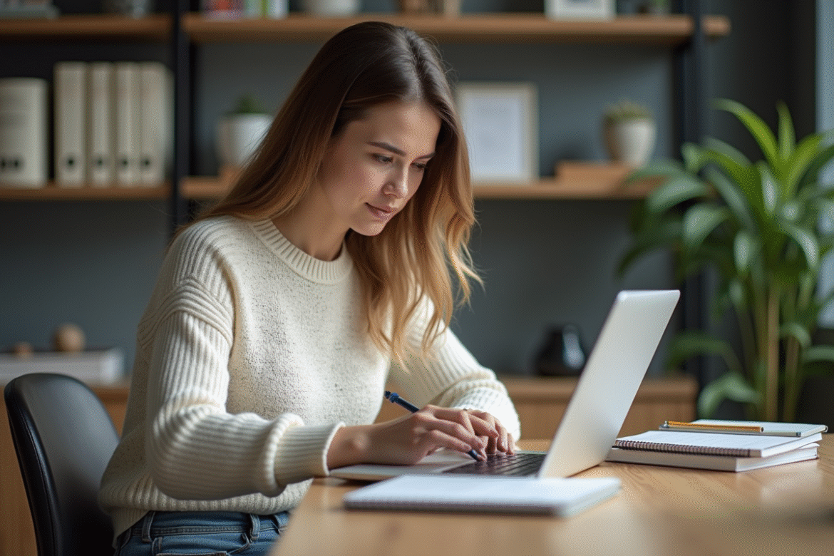 Jeune femme concentrée devant son ordinateur dans un espace studieux