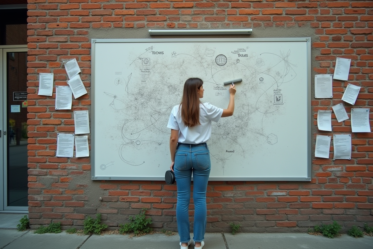 Jeune femme effaçant un tableau SEO en milieu urbain