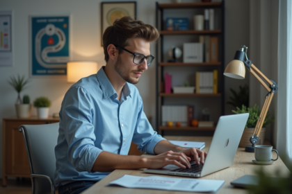 Jeune homme concentré travaillant sur son ordinateur à domicile