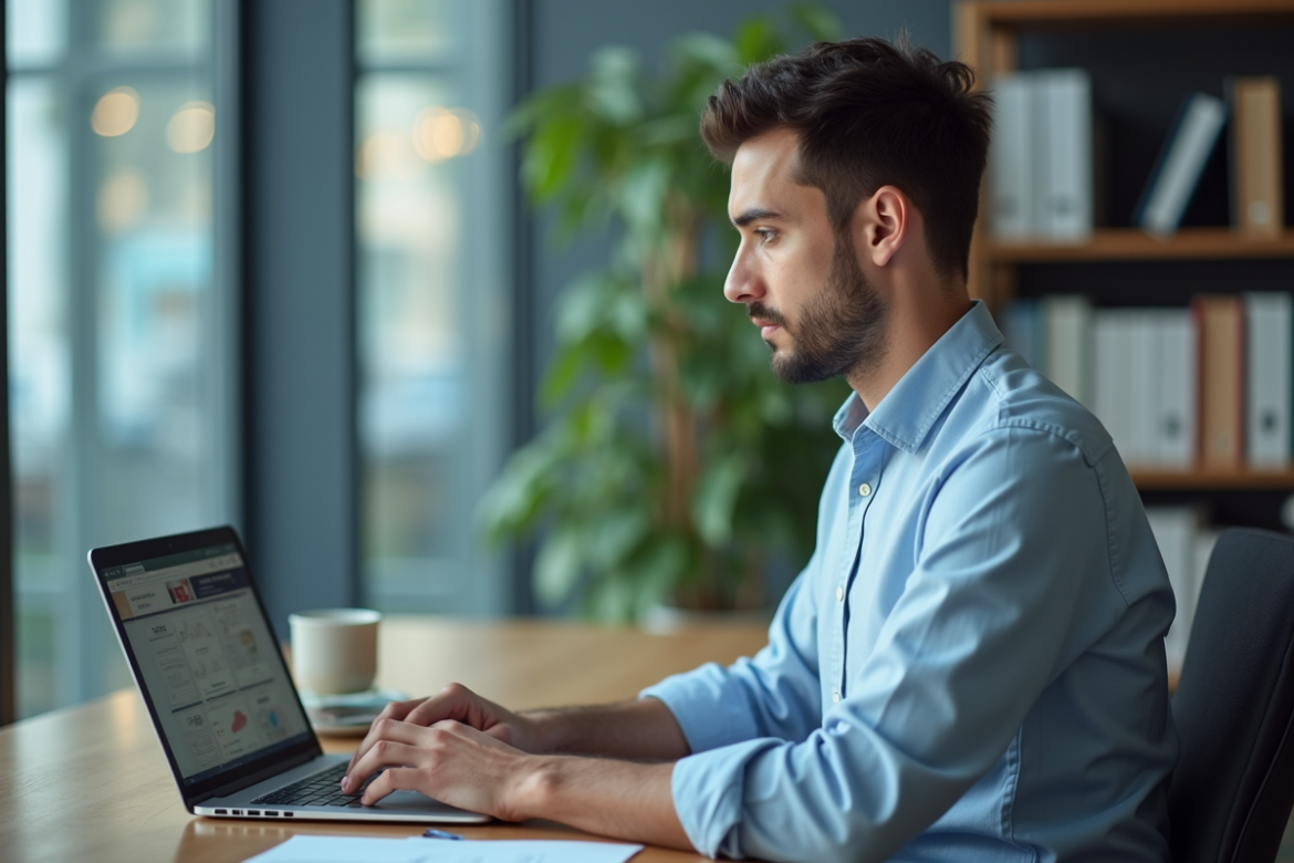 Jeune homme en bureau moderne travaillant sur un ordinateur portable