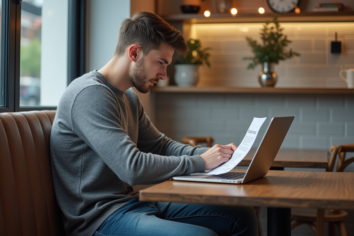 Jeune homme lisant une politique de confidentialité au café