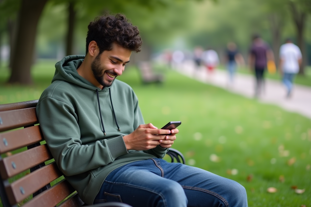 Jeune homme détendu utilisant son smartphone dans un parc