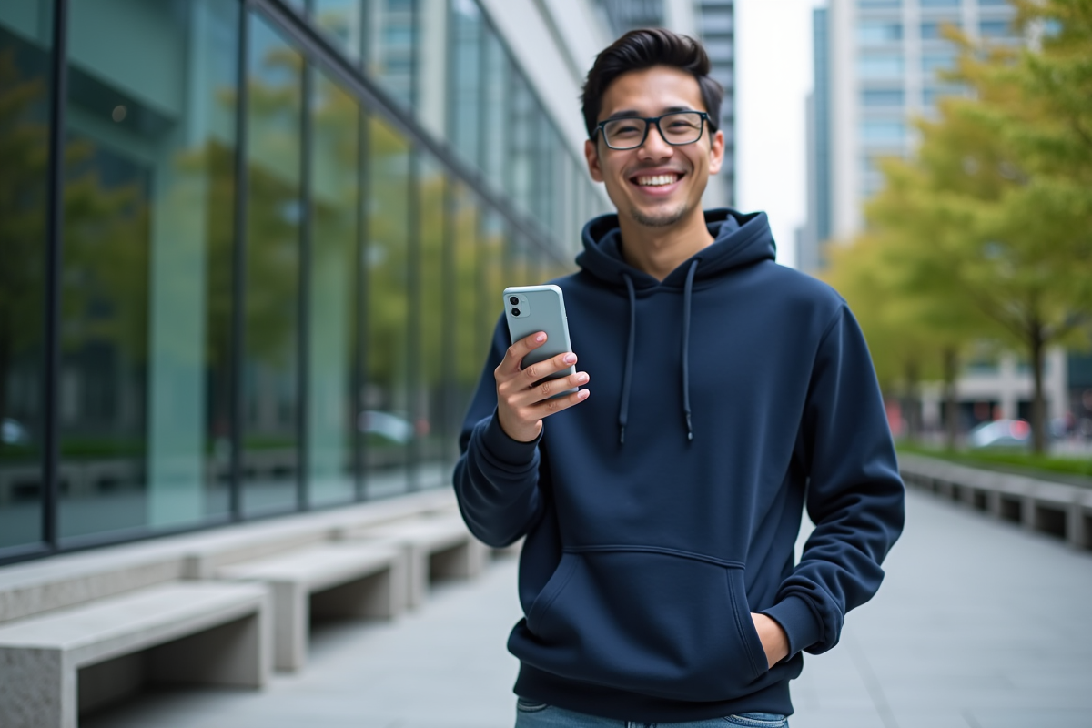 Jeune homme souriant tenant son smartphone avec icône HTTPS