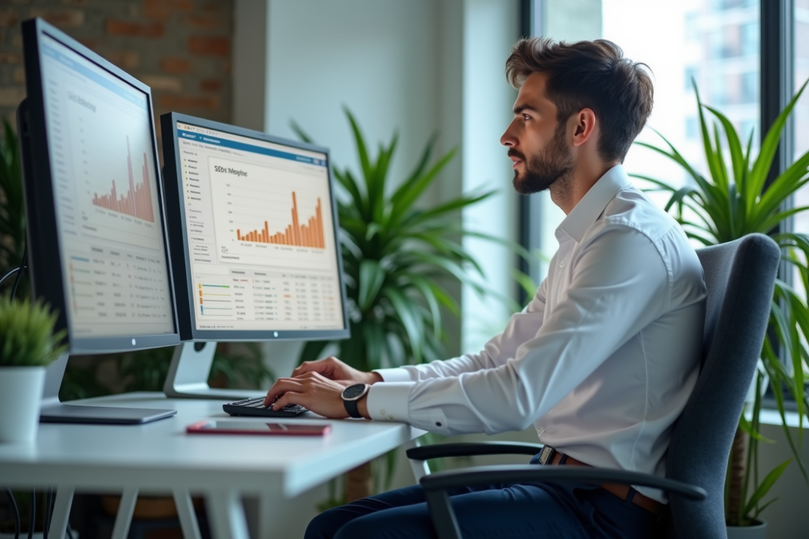 Jeune homme digital marketer travaillant sur SEO dans un bureau moderne