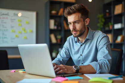 Jeune homme professionnel concentré sur son ordinateur dans un bureau moderne