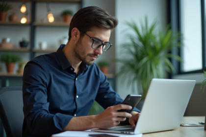 Jeune homme concentré travaillant sur son smartphone au bureau