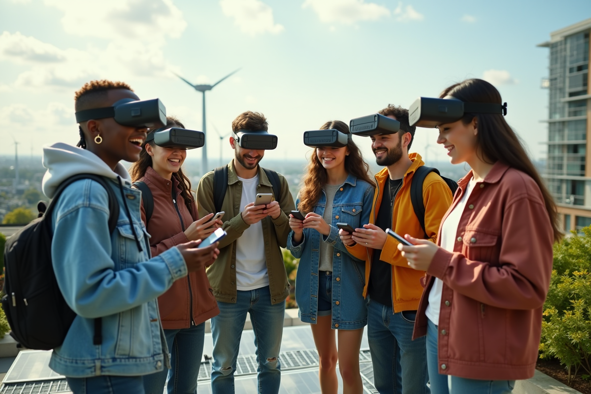 Groupe de jeunes sur un toit avec technologie et paysage urbain vert