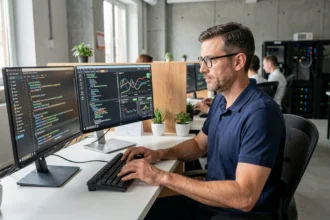 Technicien informatique breton travaillant sur des écrans de code dans un bureau moderne en Bretagne