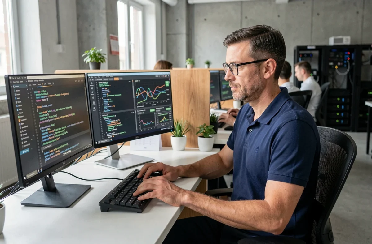 Technicien informatique breton travaillant sur des écrans de code dans un bureau moderne en Bretagne