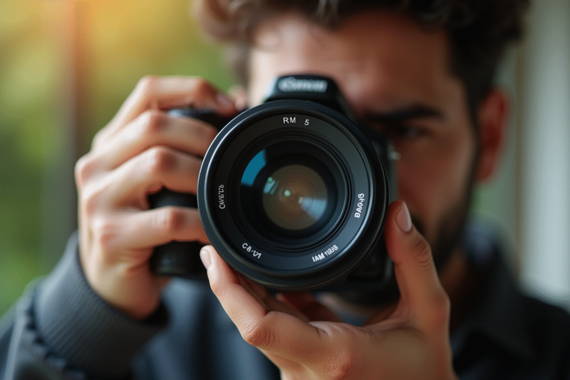 Personne manipulant un objectif de reflex en lumière naturelle