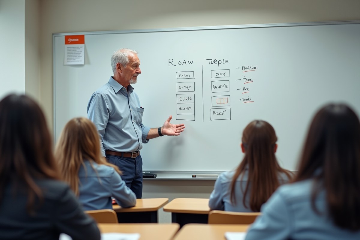 Professeur expliquant des diagrammes sur un tableau blanc en classe