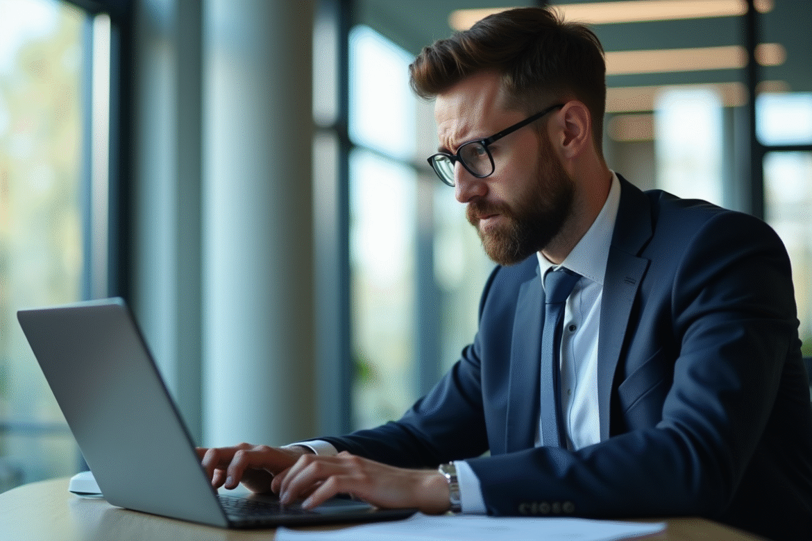 Un professionnel inquiet examine un rapport généré par IA sur un ordinateur