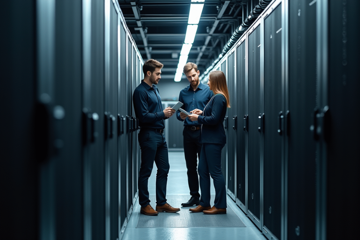 Groupe de professionnels IT dans un centre de données moderne