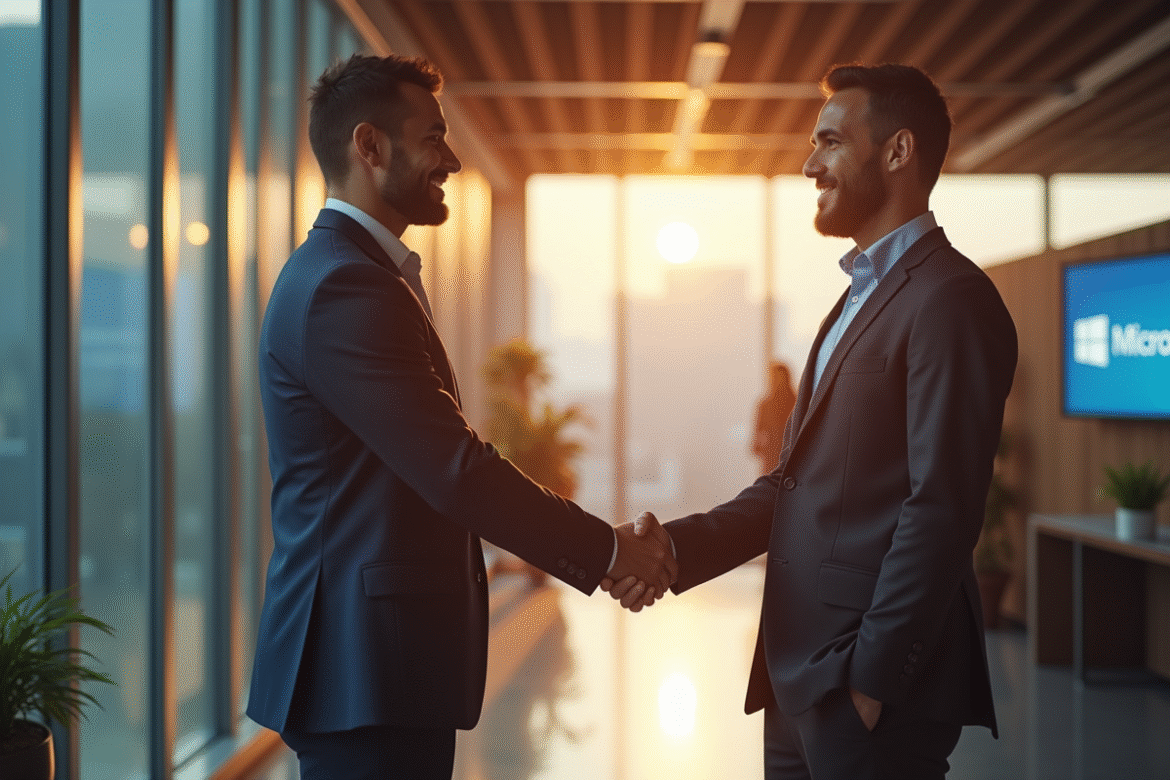 Deux professionnels se serrant la main dans un bureau moderne avec logos LinkedIn et Microsoft