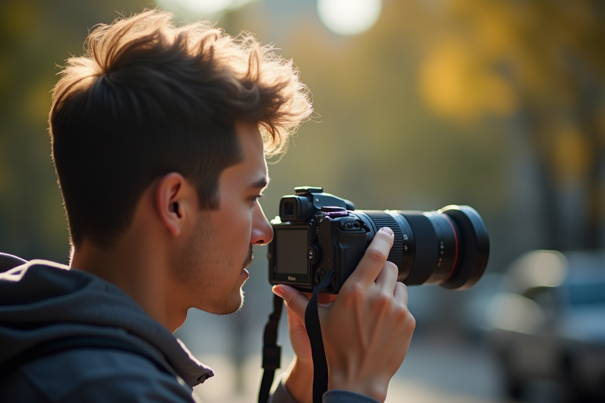 Personne ajustant les réglages de son appareil photo en extérieur