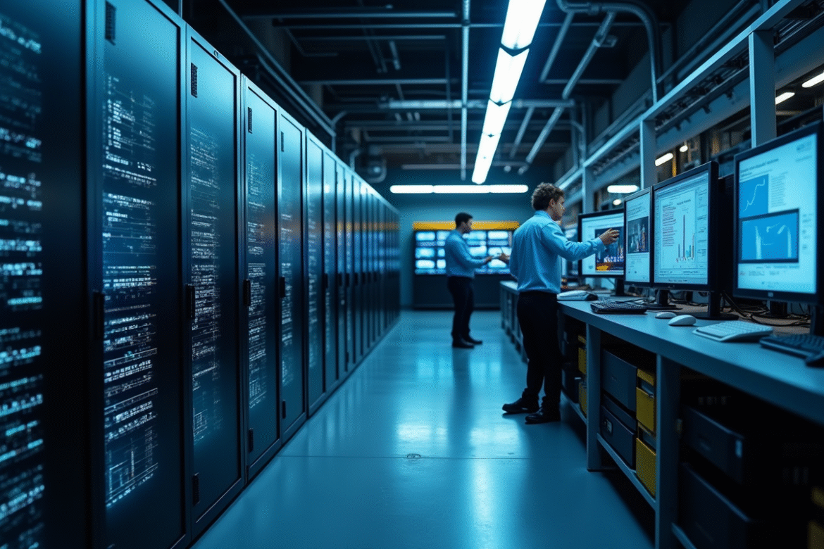 Salle de serveurs modernes avec appareils edge et ingénieurs