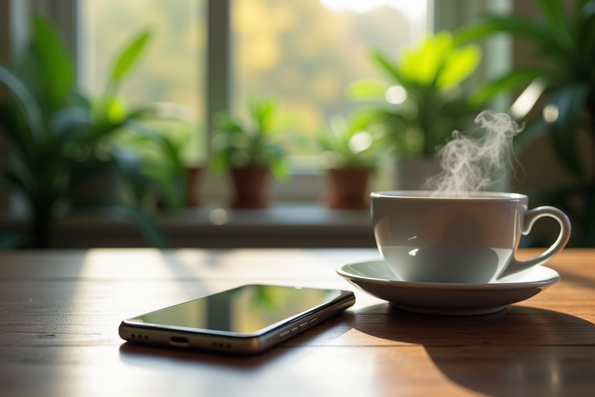 Smartphone sur un bureau en bois avec paramètres de sécurité ouverts