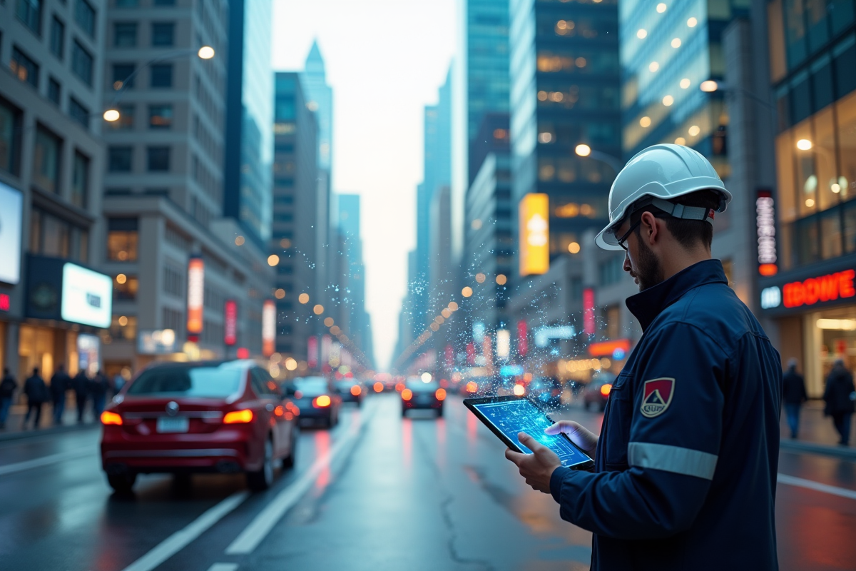 Rue urbaine connectee avec véhicules autonomes et technicien